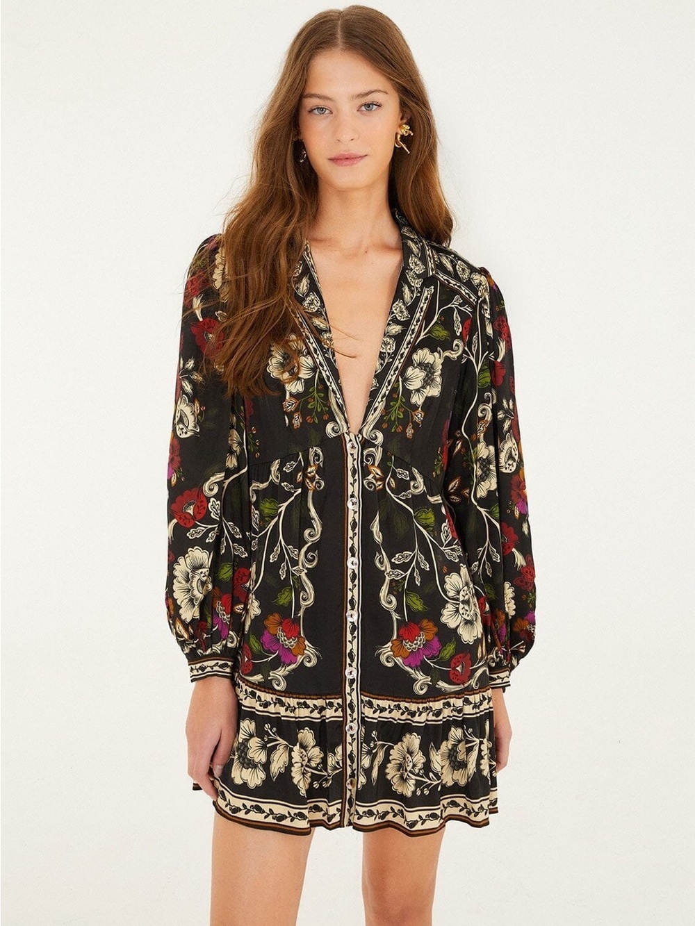 Farm Rio: Black Rococo Flowers Mini Dress